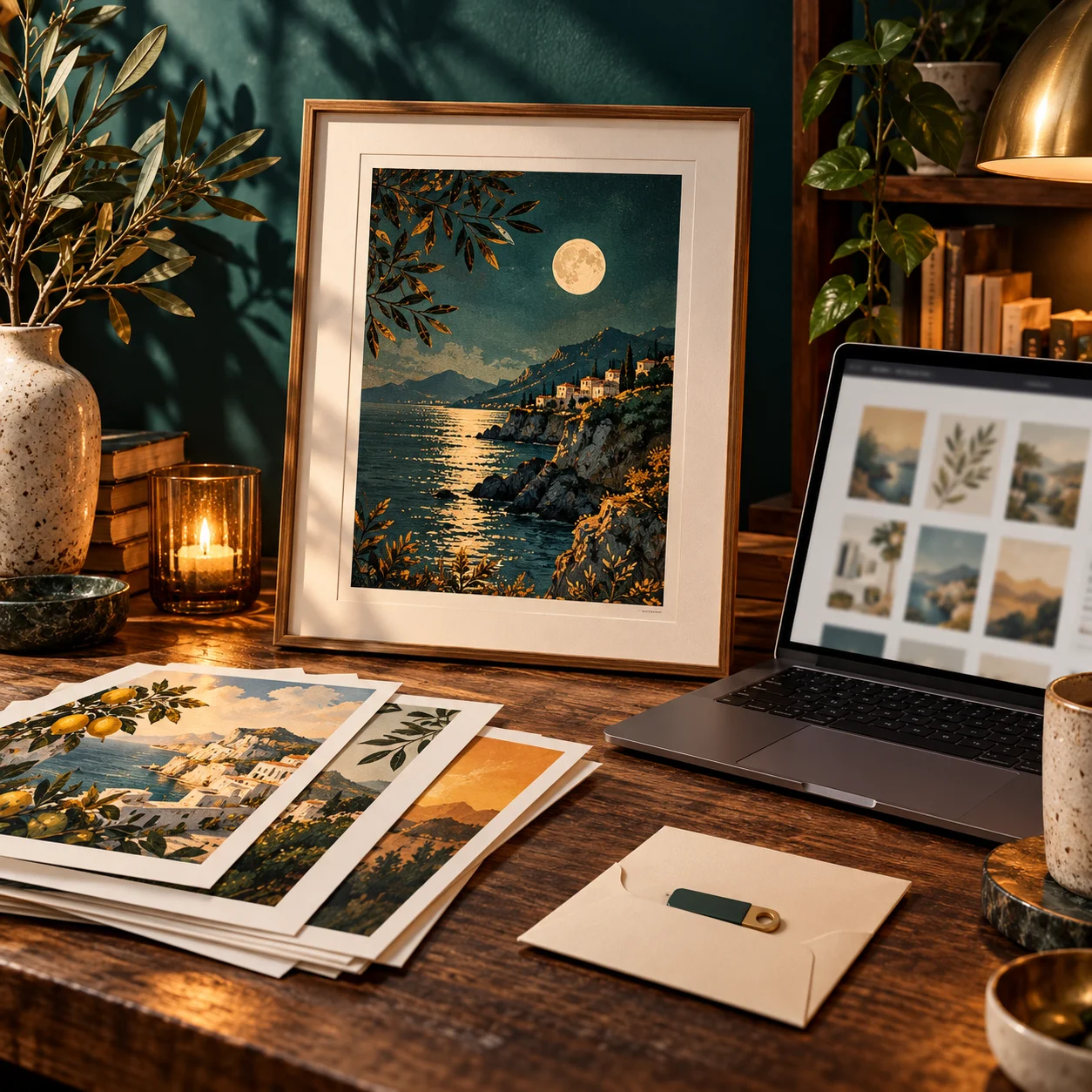 Creator reviewing framed artwork, printed samples and a digital storefront at a worktable.