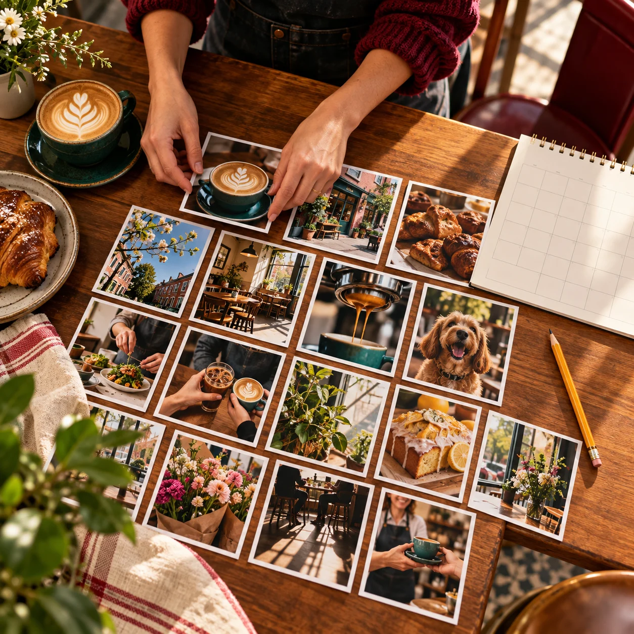 Cafe owner arranging photographs and a paper calendar at a sunlit worktable.